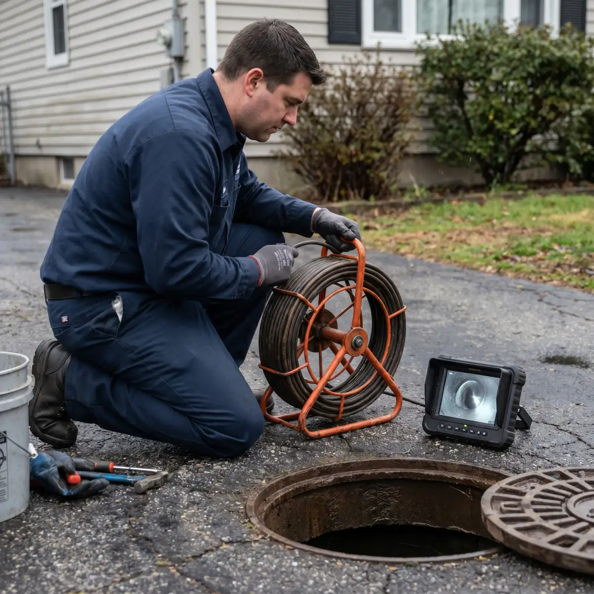 Inspection caméra d'une canalisation : technicien et moniteur de contrôle