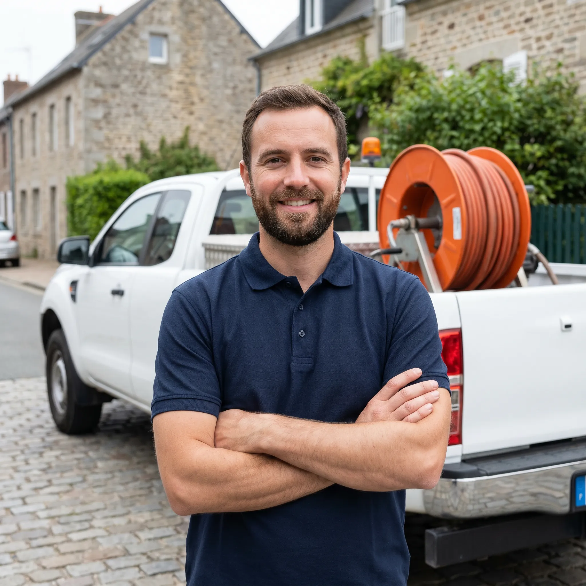 Technicien DP Pro Service devant son véhicule d'intervention équipé